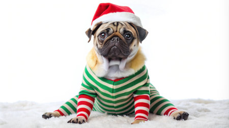 Cute pug dog wearing christmas clothes on a white backgroundの写真素材