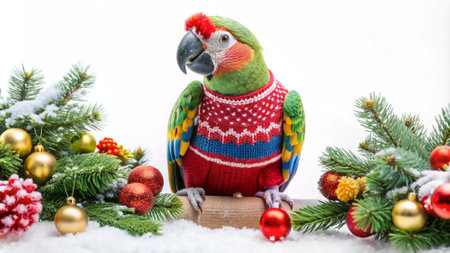 Christmas decoration with a parrot and christmas tree on white backgroundの写真素材