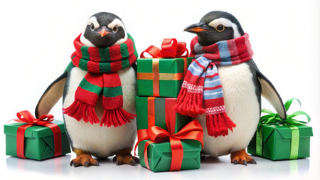 Penguins with Christmas gifts. Isolated on white background.の写真素材