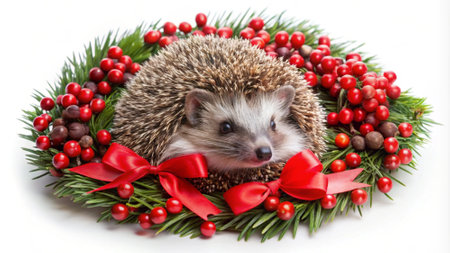 hedgehog in a Christmas wreath with berries and red bowの写真素材