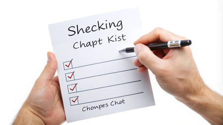 Checklist with check boxes and a man's hand holding a pen