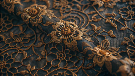 Texture, background, pattern. Lacy black fabric with a floral pattern. The fabric is embellished with gold flowers.の写真素材