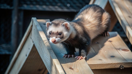 Ferret sitting on the stairs. Portrait of a ferretの写真素材