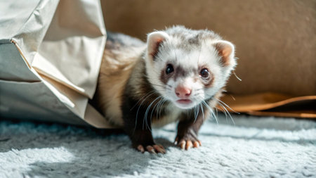Portrait of a ferret in a paper bag. Selective focus.の写真素材