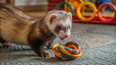 Cute ferret puppy playing with colorful balls. Selective focus.の写真素材