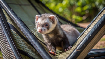 Ferret sitting in hammock on a sunny day. Selective focus.の写真素材