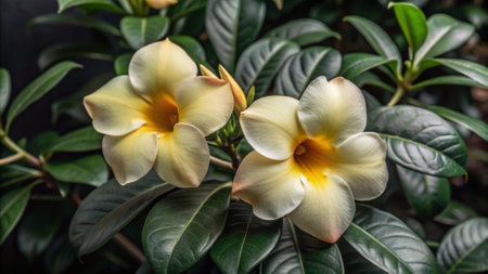 Beautiful yellow flower with green leaves background. Tropical flower in the garden.の写真素材