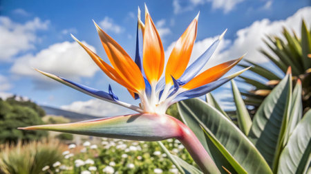 Bird of paradise flower in the garden with blue sky and white cloudsの写真素材