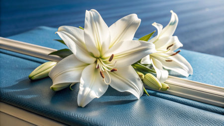 Bouquet of white lilies on a blue book closeupの写真素材