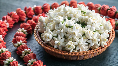 Beautiful jasmine garland on wooden table, closeupの写真素材