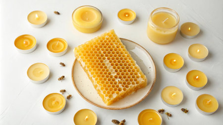 Composition with wax candles and honeycombs on white wooden backgroundの写真素材