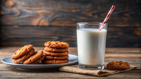 Glass of milk and cookies on a wooden background. Selective focus.の写真素材