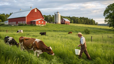 Farmer with a bucket of milk and cows grazing in the fieldの写真素材
