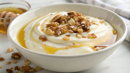 Greek yogurt with walnuts and honey in a bowl, closeupの写真素材