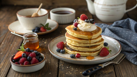 Pancakes with fresh berries and honey on a wooden background.の写真素材