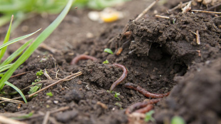 Earthworms in the soil. Close-up of earthworms.の写真素材