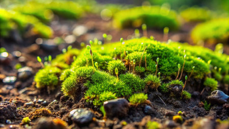 Green moss growing on the ground. Shallow depth of field.