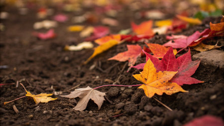 Autumn leaves on the ground in the garden. Selective focus.