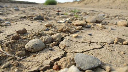 Dry cracked ground with pebbles closeup. Natural backgroundの写真素材