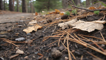 Fallen leaves and pine needles on the ground in the forest.の写真素材