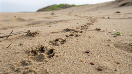 Footprints in the sand on the beach. Shallow depth of field.の写真素材