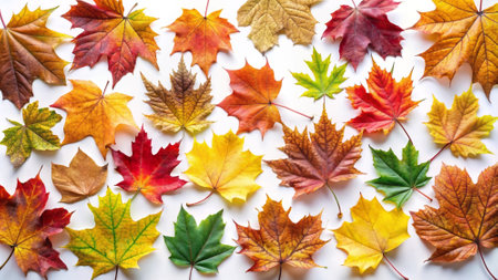 Autumn maple leaves on white background. Flat lay, top view.の写真素材