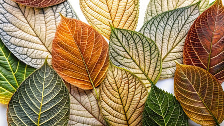 Colorful leaves isolated on white background. Flat lay, top view.