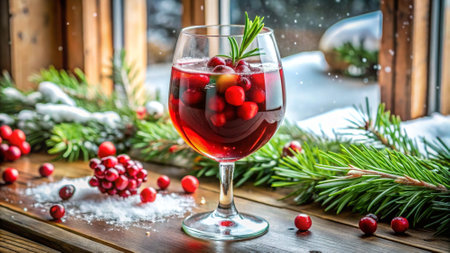 glass of mulled wine with cranberries and rosemary on wooden tableの写真素材