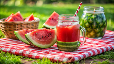 Watermelon smoothie in glass jar and fresh watermelon on green grassの写真素材