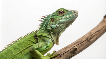 Green iguana on a branch isolated on white background. Close up.の写真素材