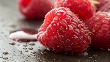 Fresh raspberries with drops of water on wooden table, closeup