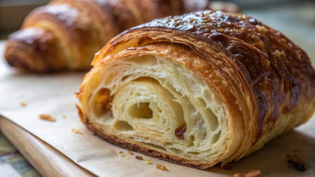 Freshly baked croissant with raisins on wooden table