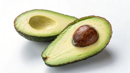 Avocado isolated on white background, cut in half and whole.