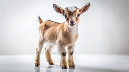 Cute little baby goat standing on a white background with copy spaceの写真素材