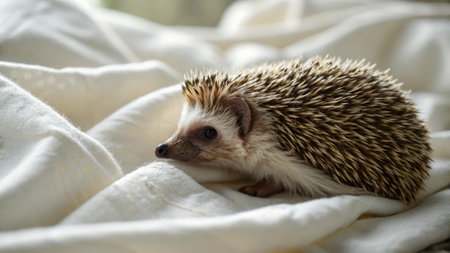 Cute little hedgehog on white fabric, closeup. Baby animalの写真素材