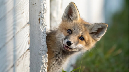 Red Fox, Vulpes vulpes, in front of a white wooden fenceの写真素材