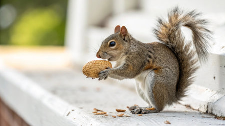 Squirrel with nut on a white bench in the park in autumnの写真素材
