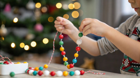 Little boy decorating christmas tree with beads, closeup photoの写真素材