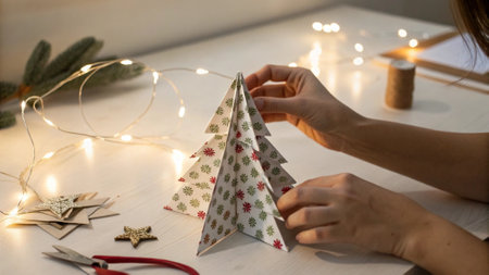 Christmas tree origami. Woman decorating christmas tree with paperの写真素材