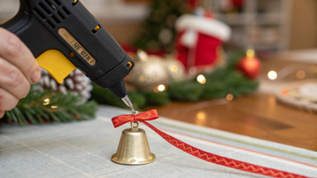 Close up of a hand holding a cordless drill on a christmas tableの写真素材