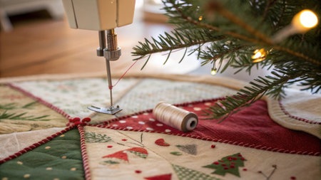 Sewing a Christmas tree with a sewing machine, close upの写真素材