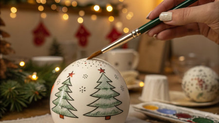 Painting a Christmas tree on a painted egg, close-upの写真素材