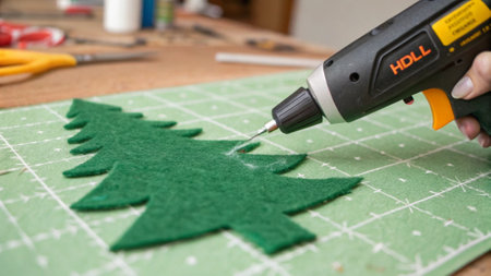 Christmas tree cutout on a green cutting mat with a screwdriverの写真素材
