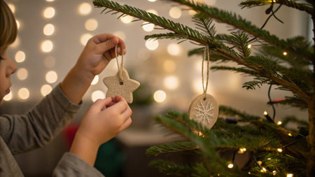 Child decorating christmas tree. Selective focus. Holiday.の写真素材