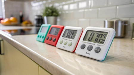 Digital alarm clock on the kitchen counter in a modern home kitchen.