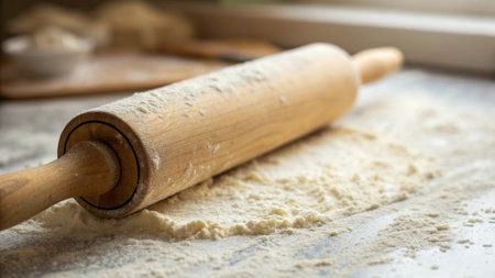 Wooden rolling pin and flour on the table. Selective focus.の写真素材