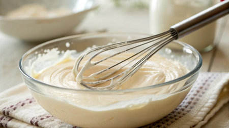 Homemade mayonnaise in a glass bowl with a whisk.の写真素材