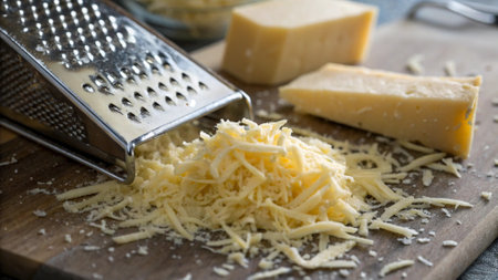 Grated Parmesan Cheese on a Cutting Board with Cheese Graterの写真素材