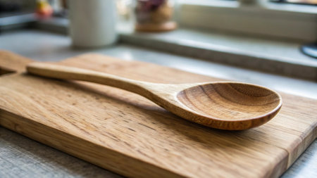 Wooden spoon on wooden table in the kitchen room, stock photoの写真素材