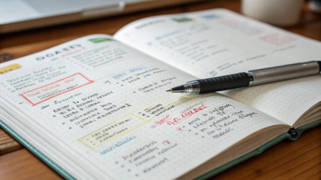 Close up of a diary with a pen on it and a calendarの写真素材